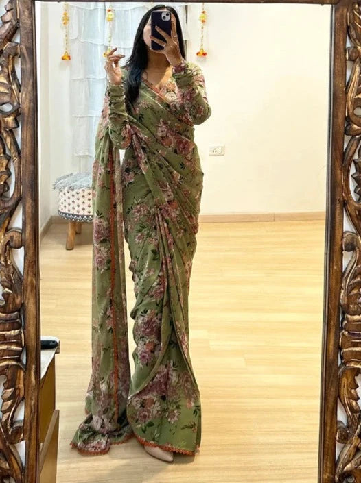 Green Floral Printed Ready-to-Wear Saree 318