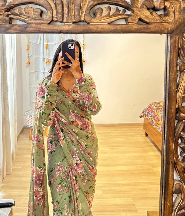 Green Floral Printed Ready-to-Wear Saree 318
