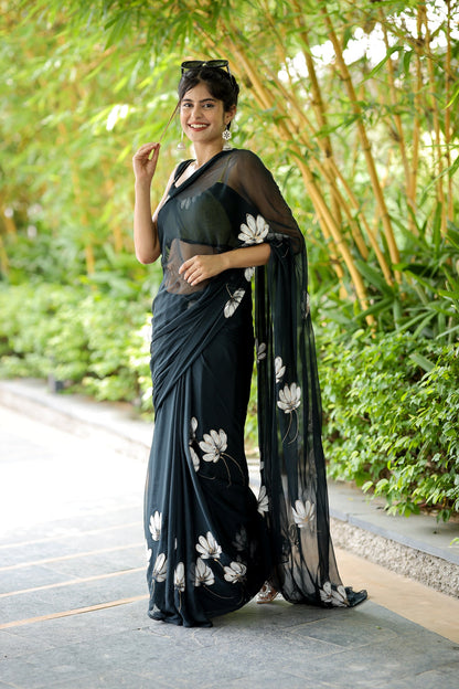 Black Floral Printed Ready-to-Wear Saree 411