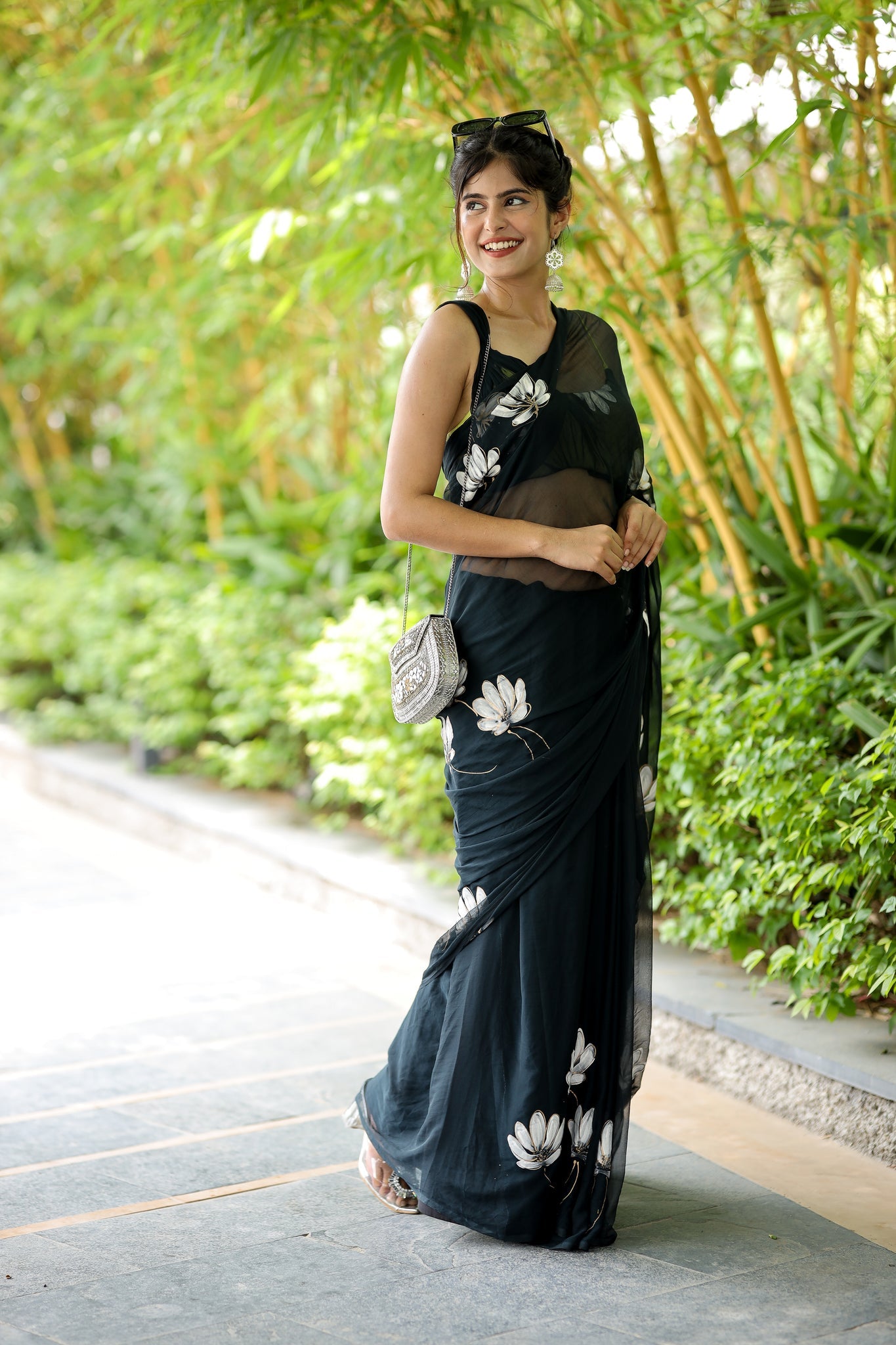 Black Floral Printed Ready-to-Wear Saree 411