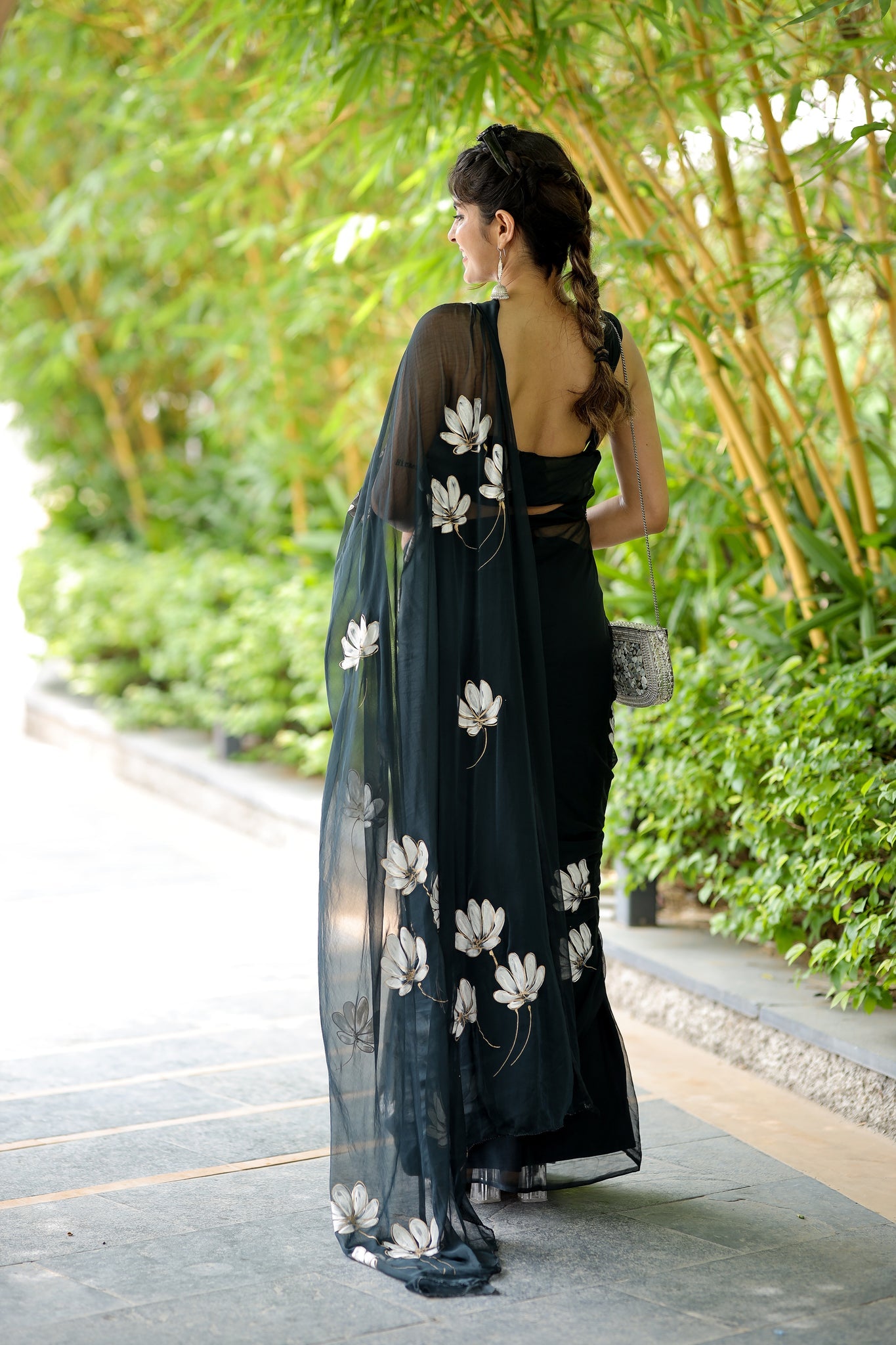 Black Floral Printed Ready-to-Wear Saree 411
