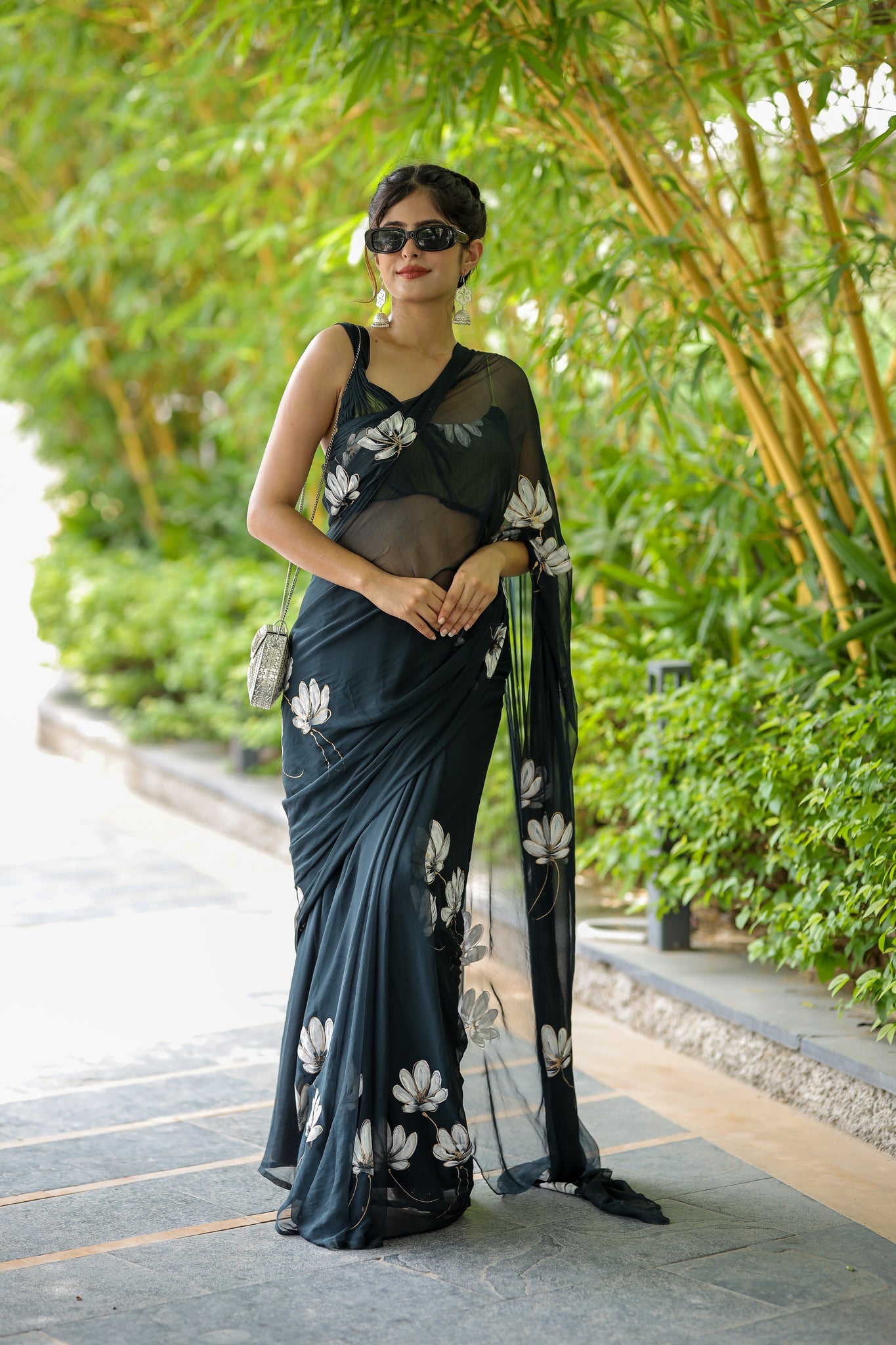 Black Floral Printed Ready-to-Wear Saree 411