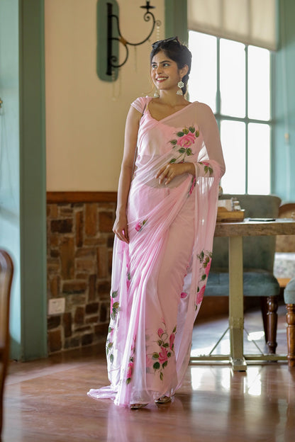 Baby pink Floral Printed Ready-to-Wear Saree 405