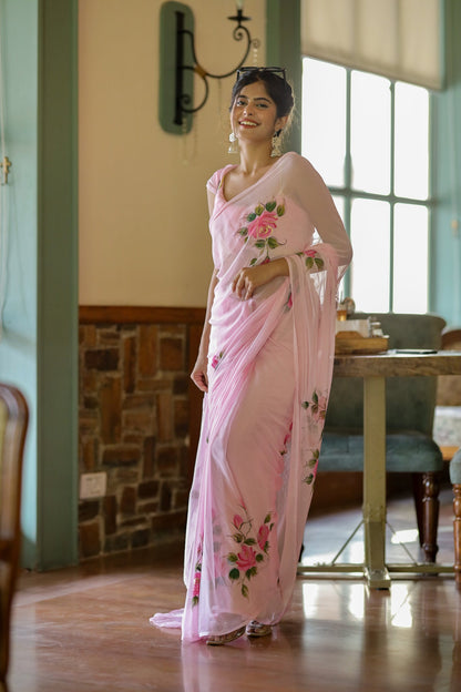 Baby pink Floral Printed Ready-to-Wear Saree 405