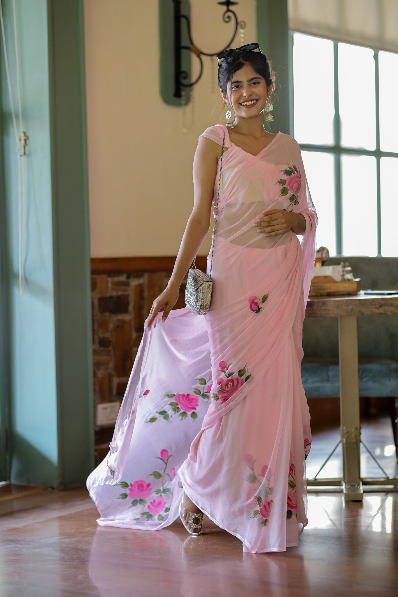Baby pink Floral Printed Ready-to-Wear Saree 405