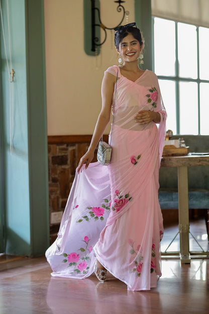 Baby pink Floral Printed Ready-to-Wear Saree 405