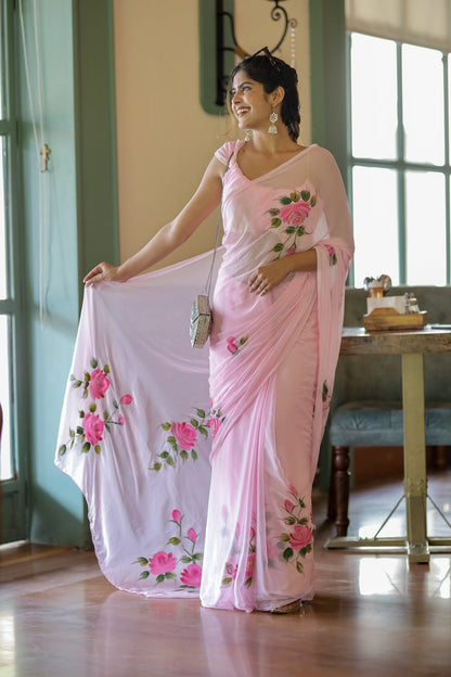 Baby pink Floral Printed Ready-to-Wear Saree 405