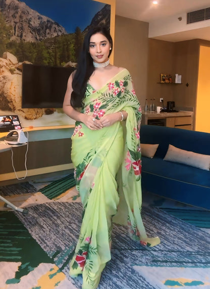 Light Green Floral Printed Ready-to-Wear Saree 256