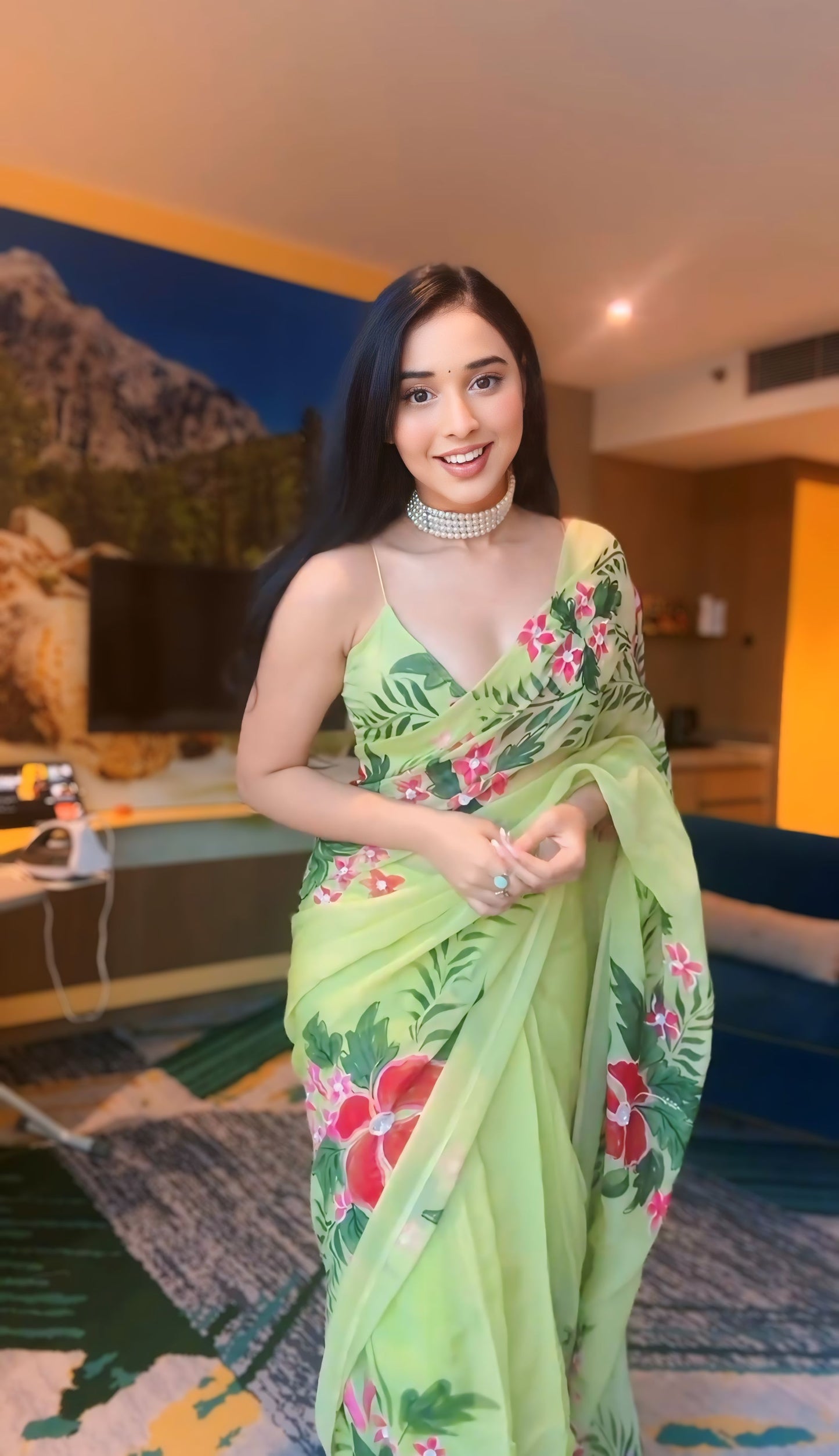 Light Green Floral Printed Ready-to-Wear Saree 256