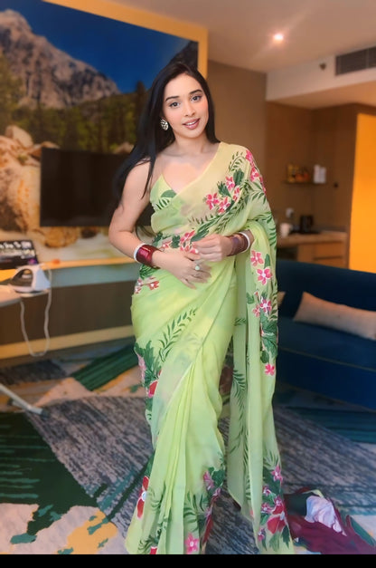 Light Green Floral Printed Ready-to-Wear Saree 256