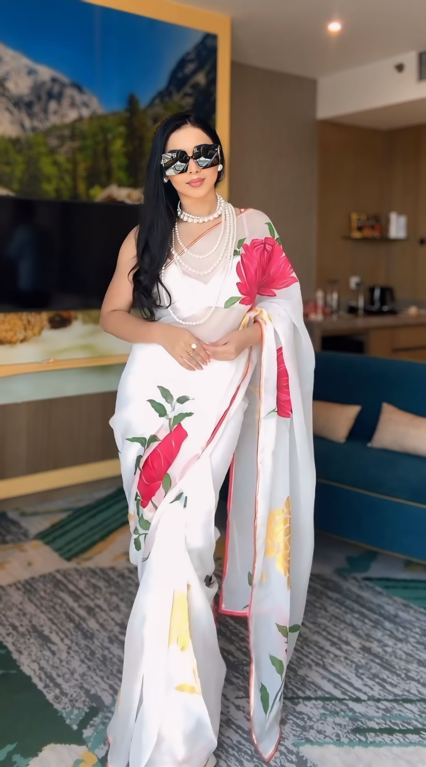 White Floral Printed Ready-to-Wear Saree 265-1