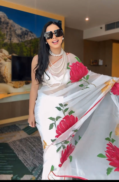 White Floral Printed Ready-to-Wear Saree 265-1