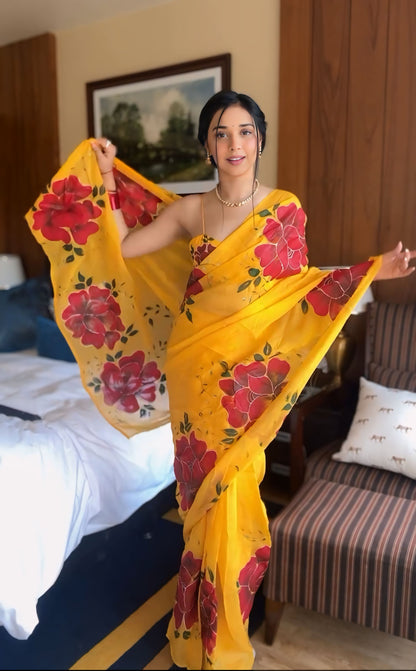 Yellow floral Printed Ready-to-Wear Saree-266