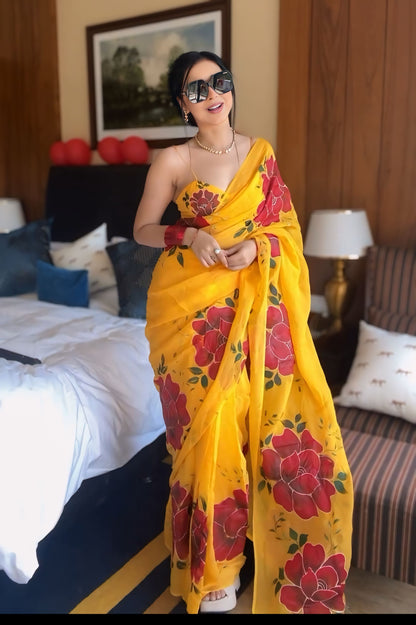 Yellow floral Printed Ready-to-Wear Saree-266