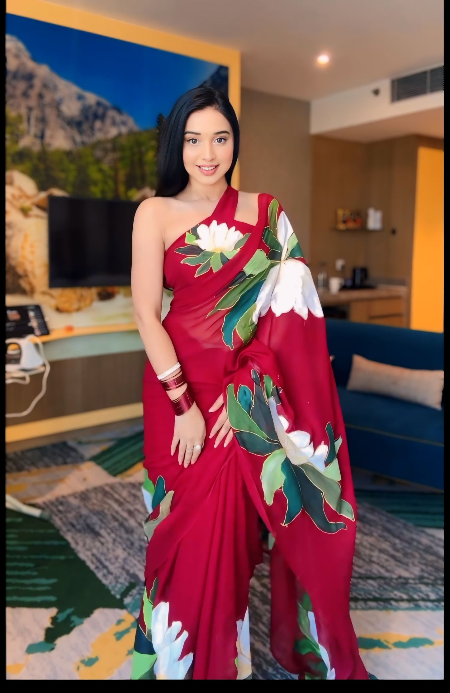 Red Floral Printed Ready-to-Wear Saree  267-1