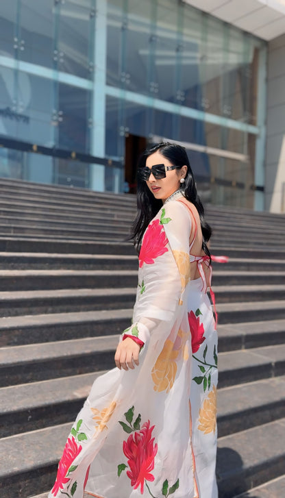 White Floral Printed Ready-to-Wear Saree 265-1