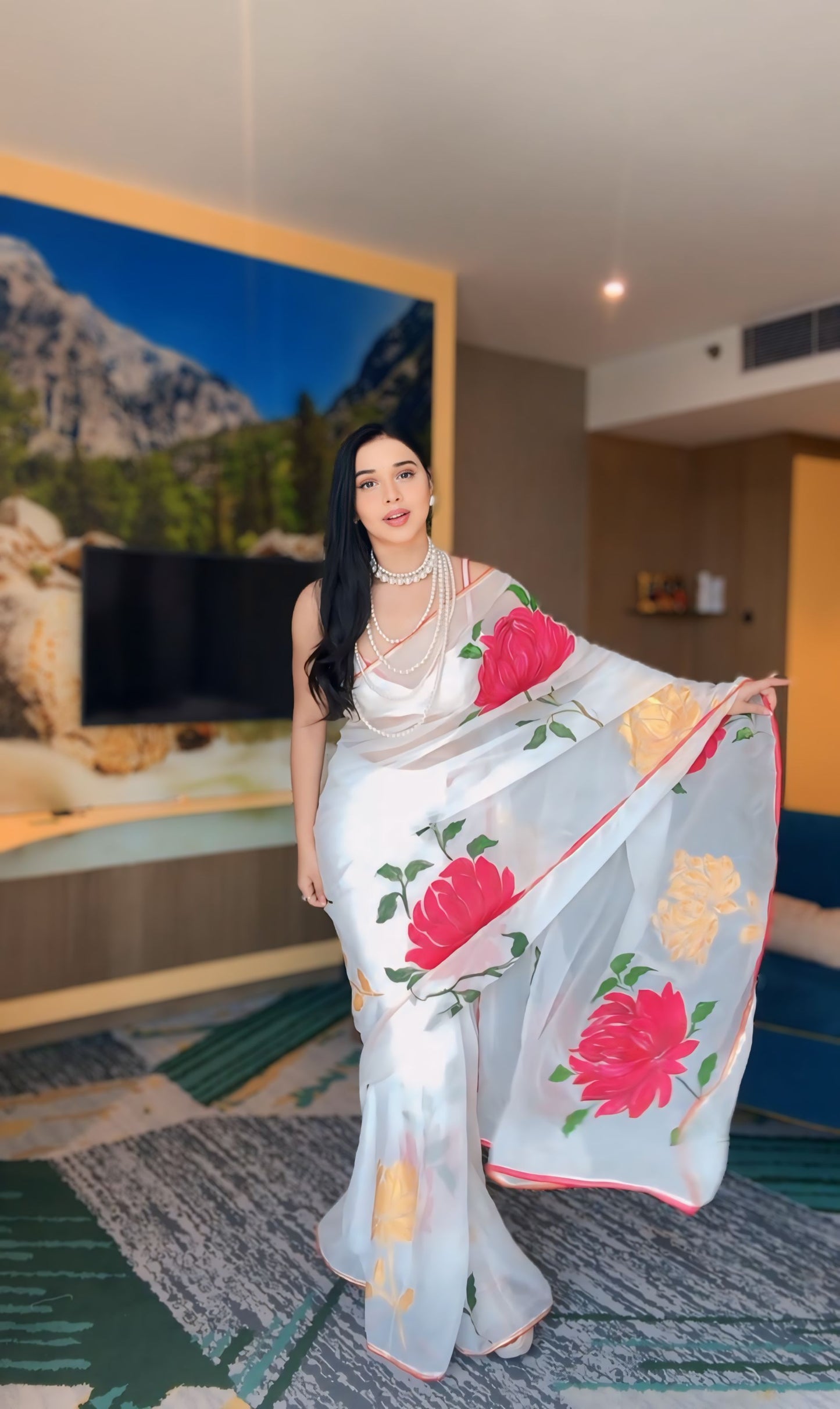 White Floral Printed Ready-to-Wear Saree 265-1