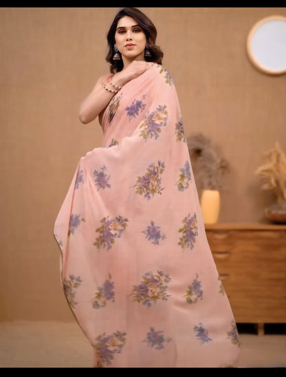 Light Pink Floral Printed Ready-to-Wear Saree  270-1