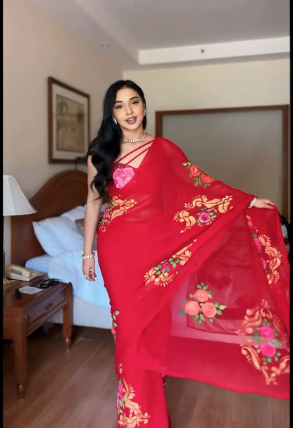 Red Floral Printed Ready-to-Wear Saree 278