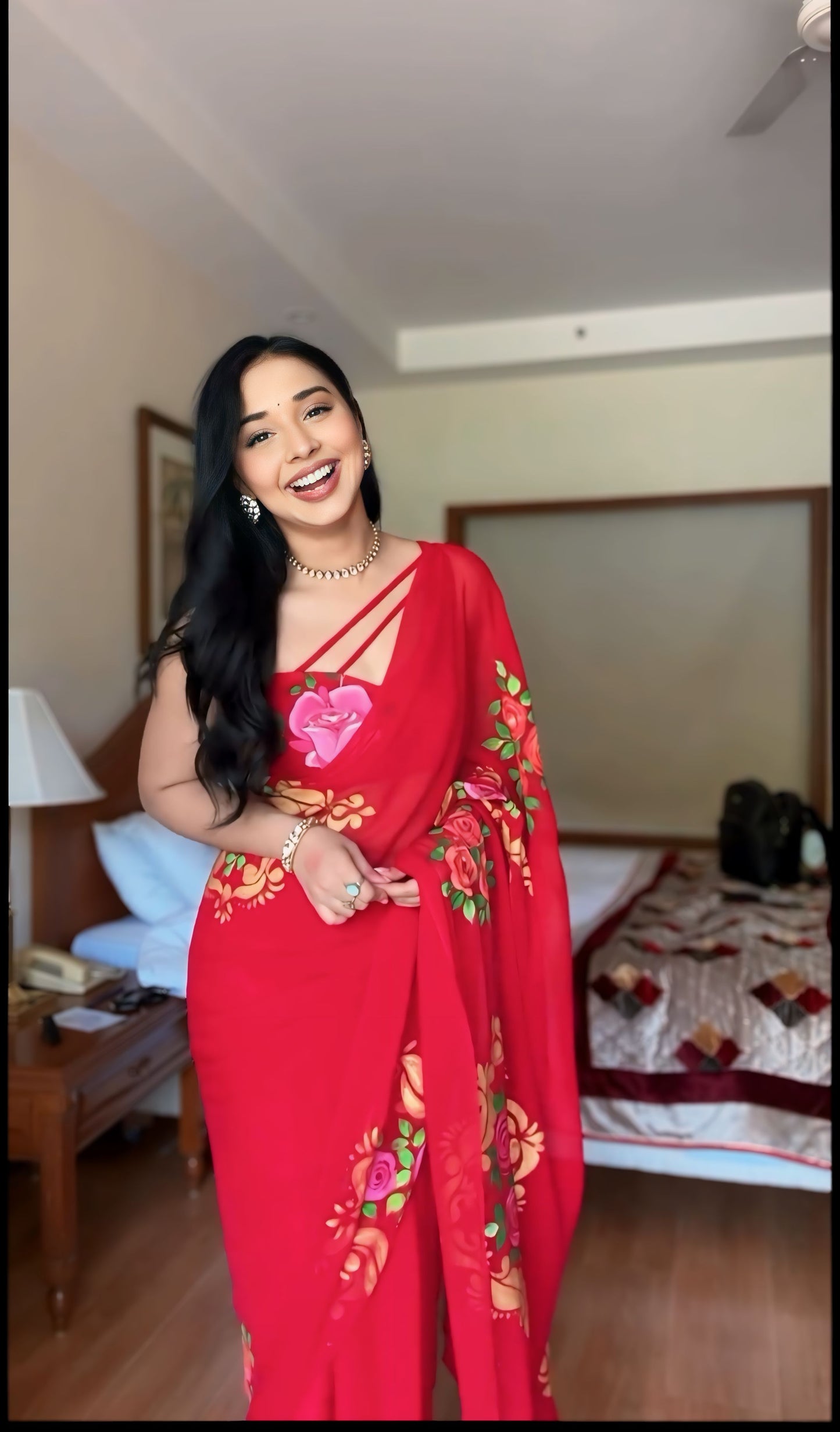 Red Floral Printed Ready-to-Wear Saree 278