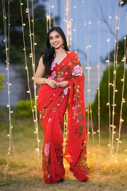 Red Floral Printed Ready-to-Wear Saree 279