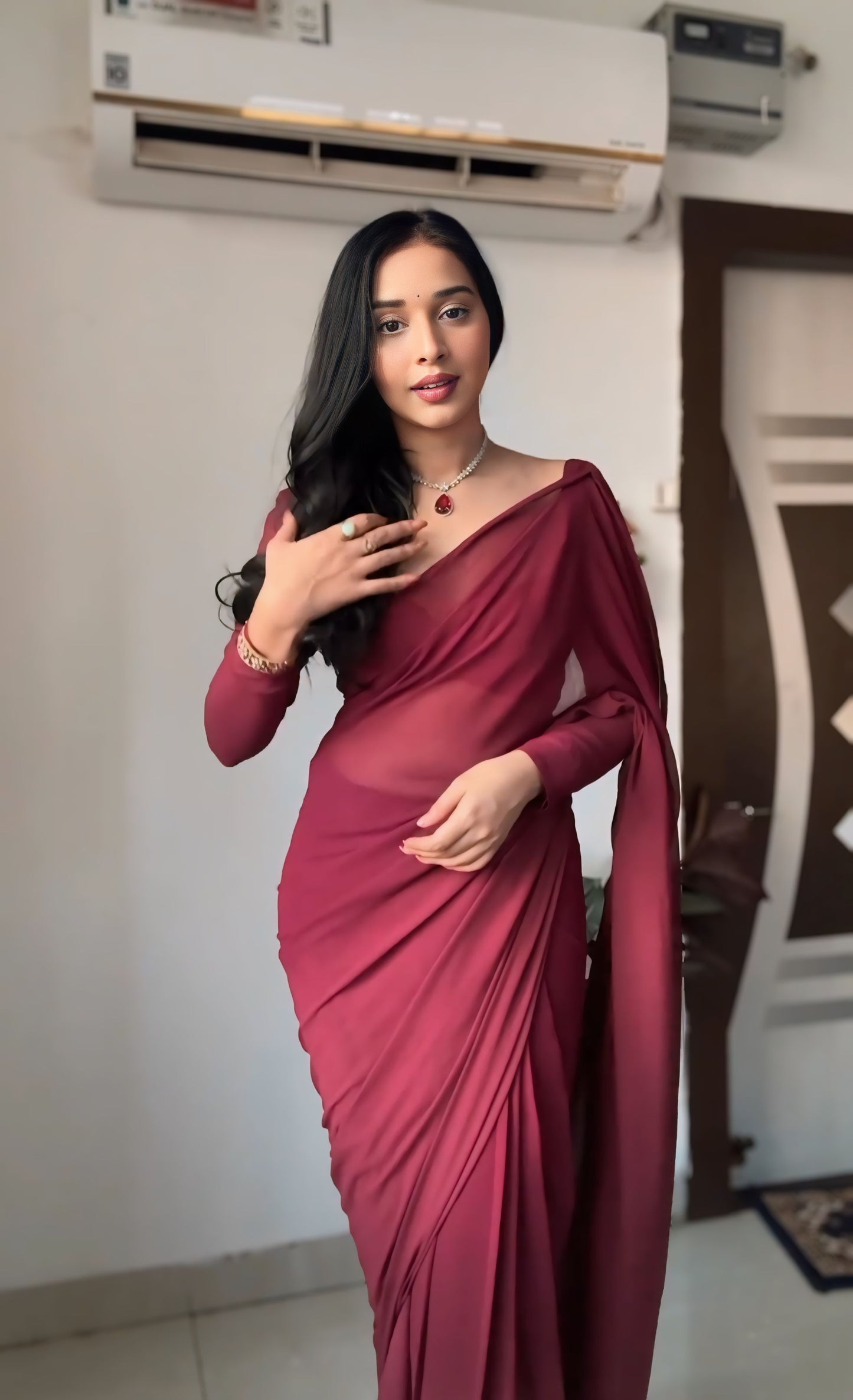 Maroon plain Ready-to-Wear Saree 248