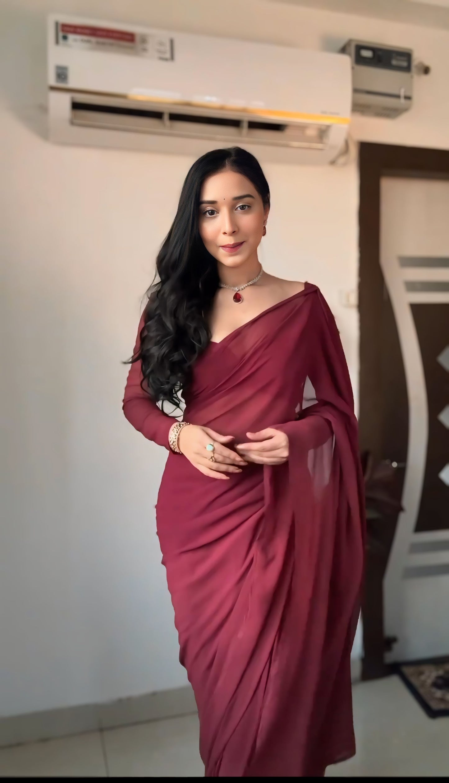 Maroon plain Ready-to-Wear Saree 248