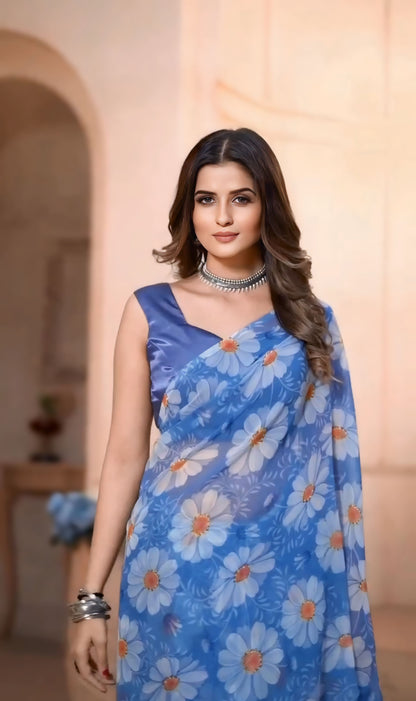 Blue Floral Printed Ready-to-Wear Saree  315-1