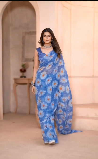 Blue Floral Printed Ready-to-Wear Saree  315-1