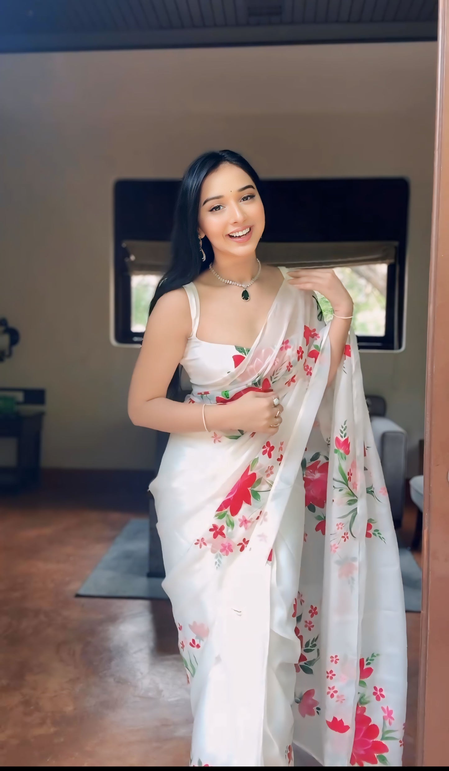 White Floral Printed Ready-to-Wear Saree 319