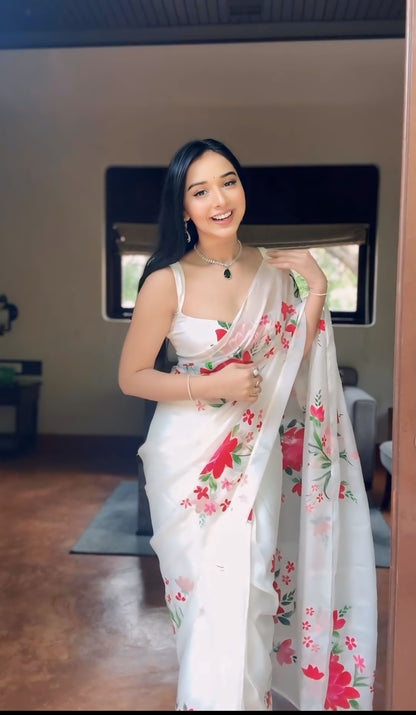 White Floral Printed Ready-to-Wear Saree 319