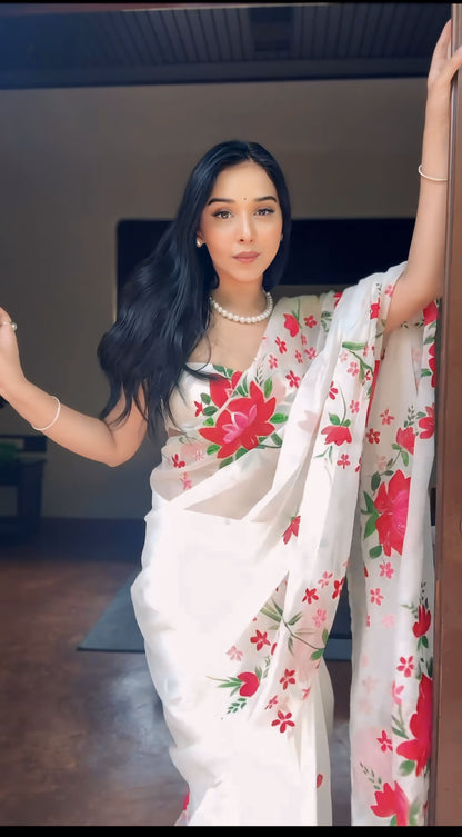 White Floral Printed Ready-to-Wear Saree 319