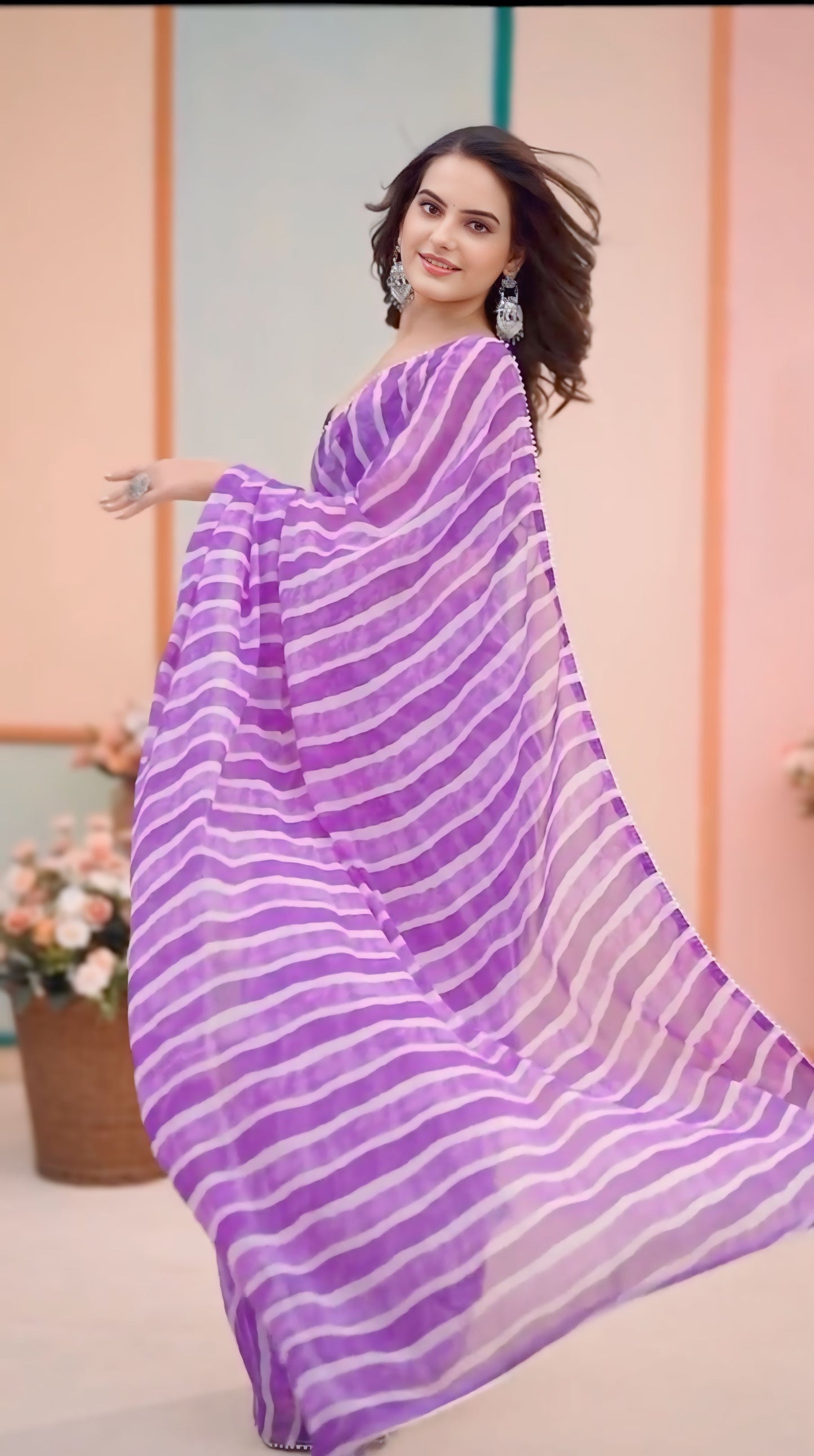 Purple with white lining Printed Ready-to-Wear Saree 324