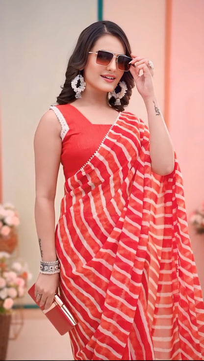 Red with white lining Printed Ready-to-Wear Saree 324