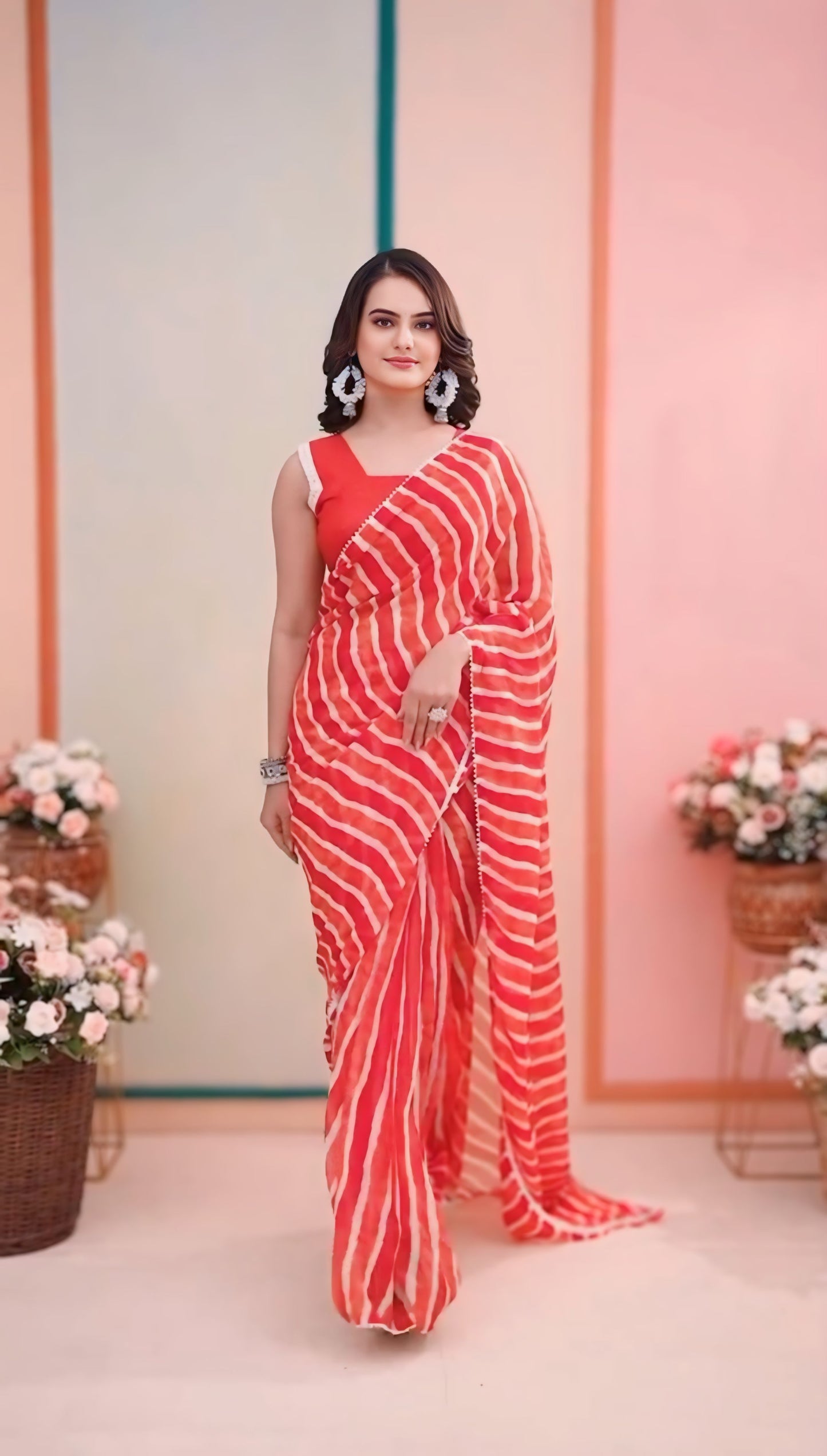 Red with white lining Printed Ready-to-Wear Saree 324