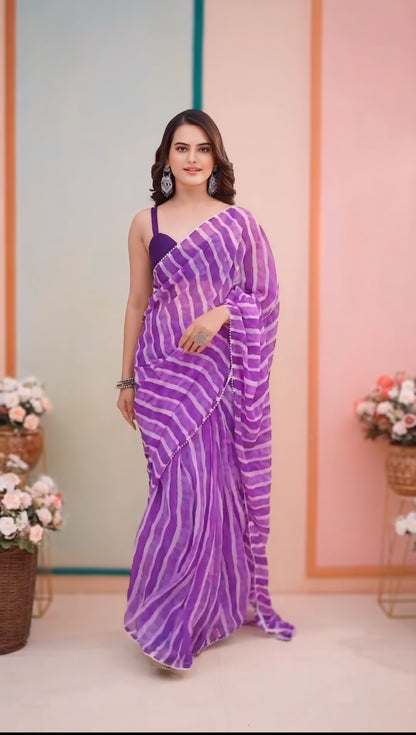 Purple with white lining Printed Ready-to-Wear Saree 324