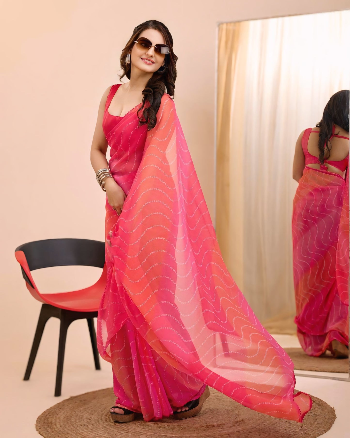 Pink  Printed Ready-to-Wear Saree  384