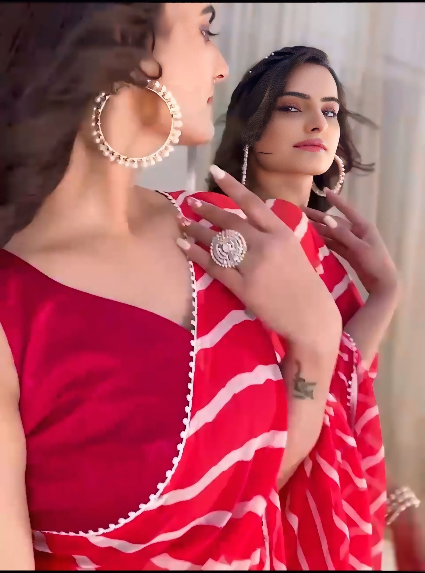 Red and white Printed Ready-to-Wear Saree 422