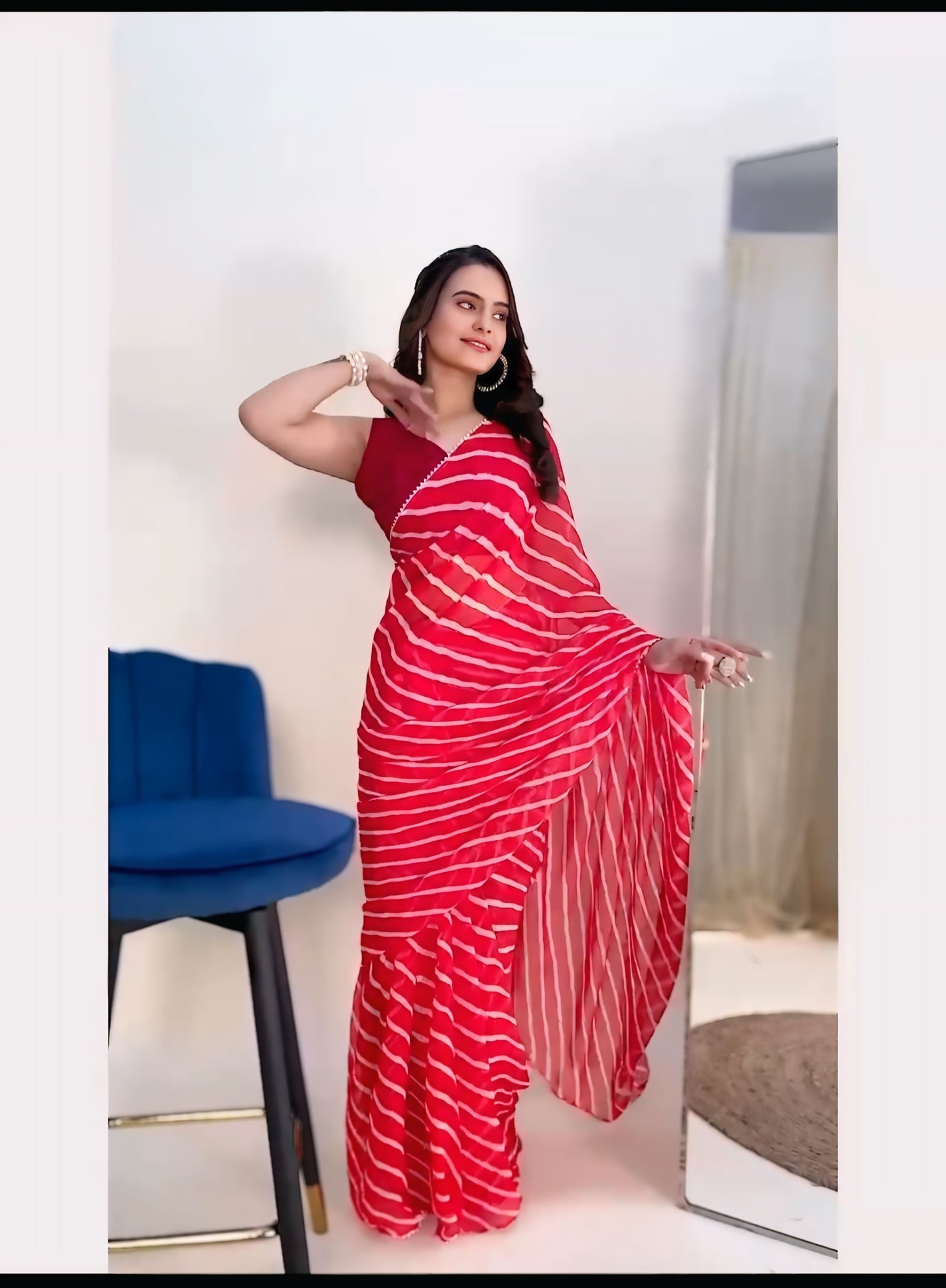 Red and white Printed Ready-to-Wear Saree 422