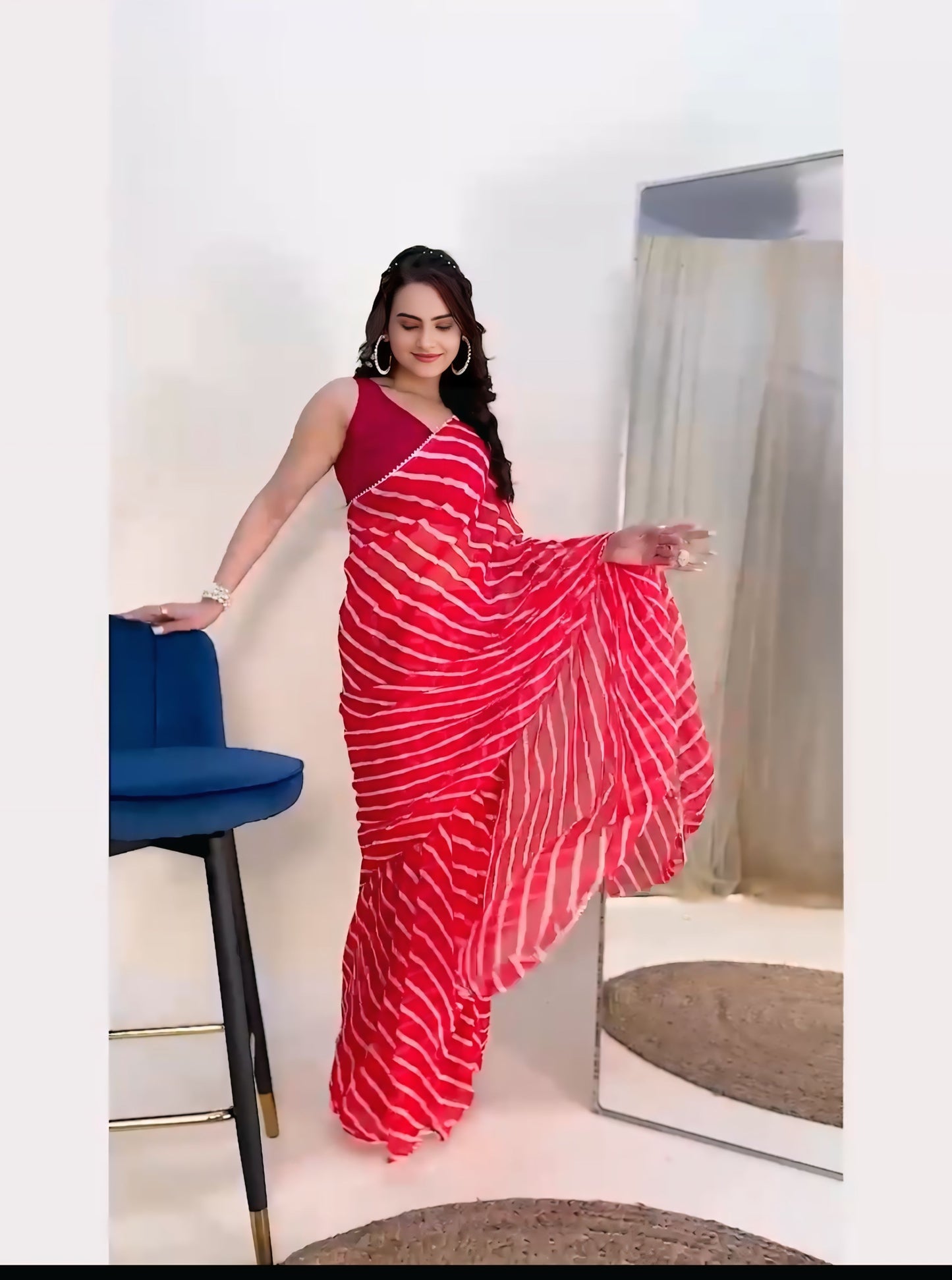 Red and white Printed Ready-to-Wear Saree 422