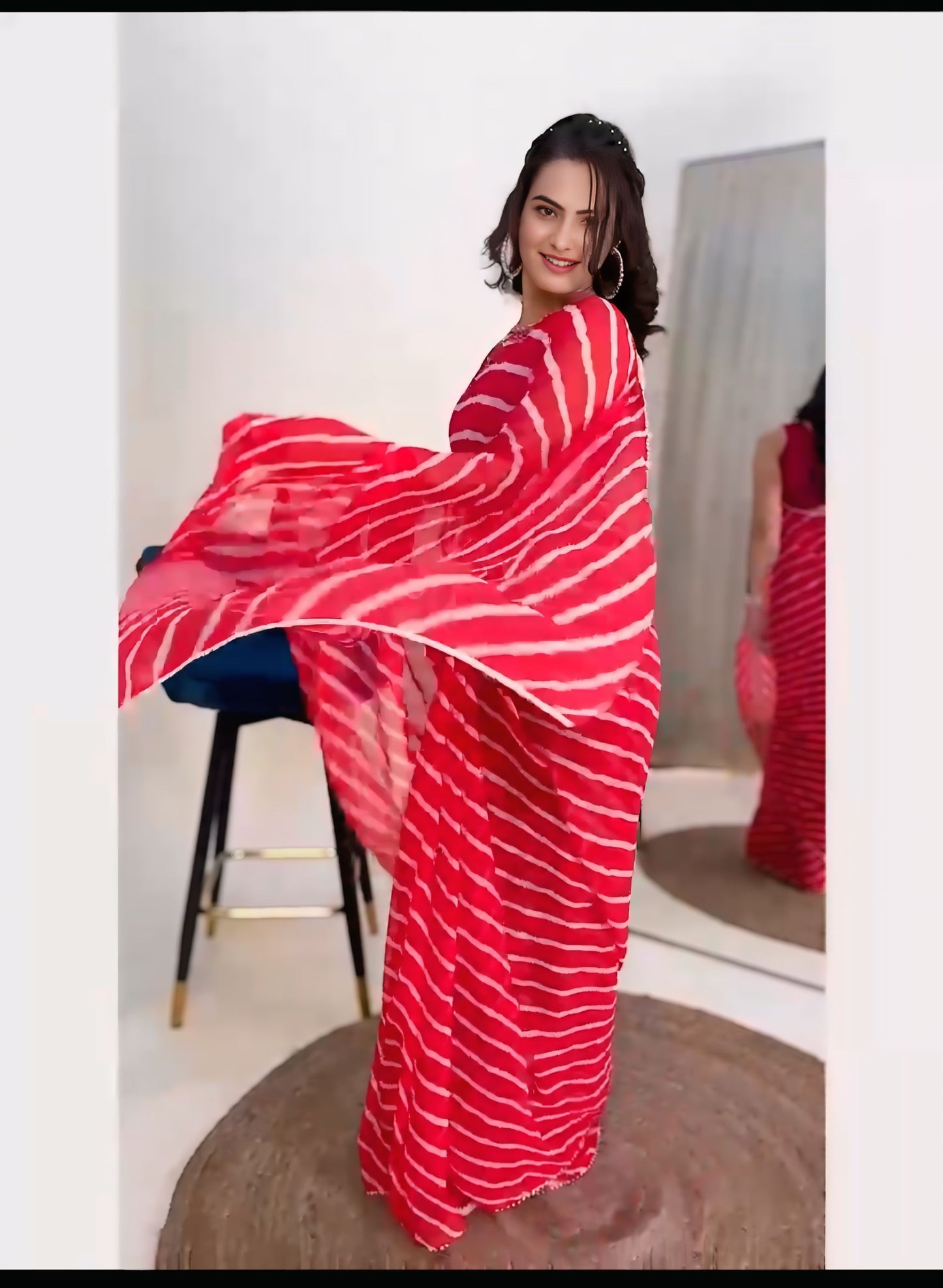 Red and white Printed Ready-to-Wear Saree 422