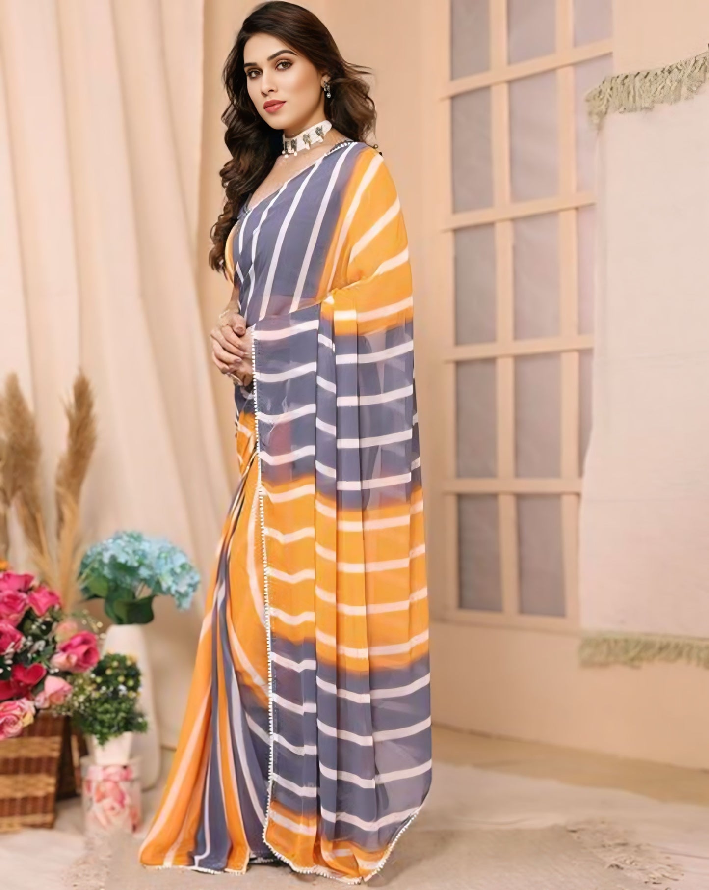 Stylish Orange & Grey Striped Ready-to-Wear Saree – Lightweight Georgette 427