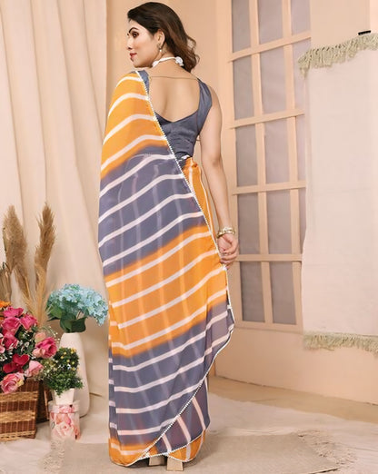 Stylish Orange & Grey Striped Ready-to-Wear Saree – Lightweight Georgette 427