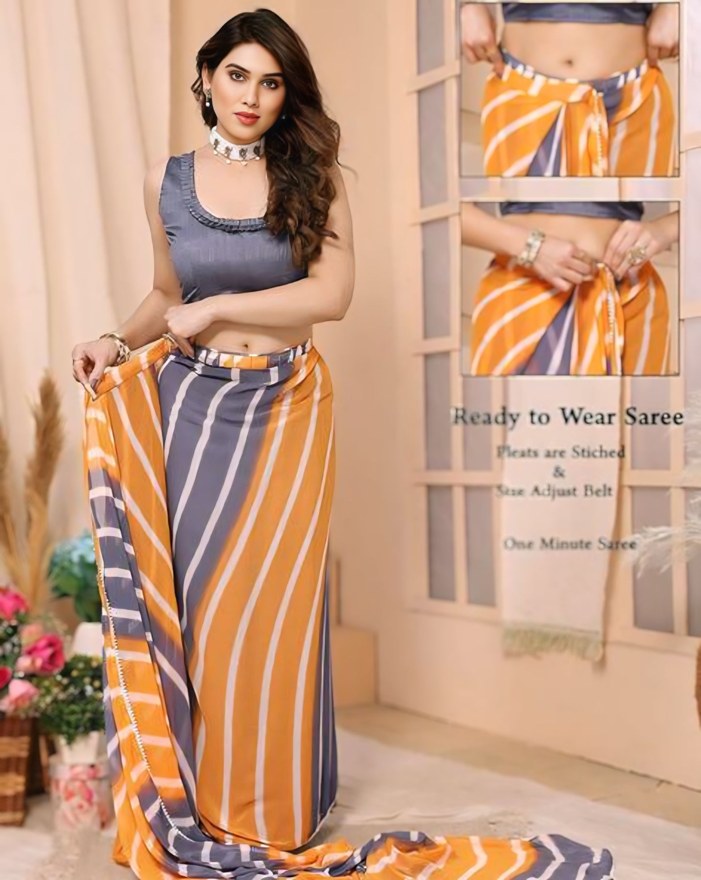Stylish Orange & Grey Striped Ready-to-Wear Saree – Lightweight Georgette 427