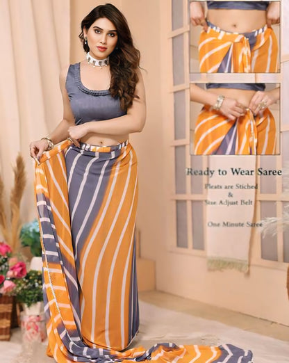 Stylish Orange & Grey Striped Ready-to-Wear Saree – Lightweight Georgette 427