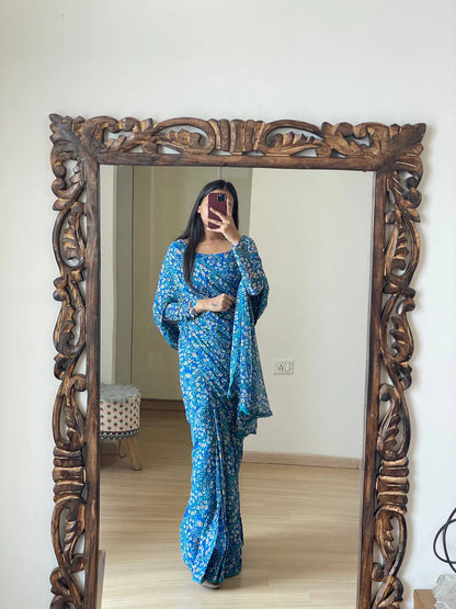 Blue Floral Printed Ready-to-Wear Saree 293