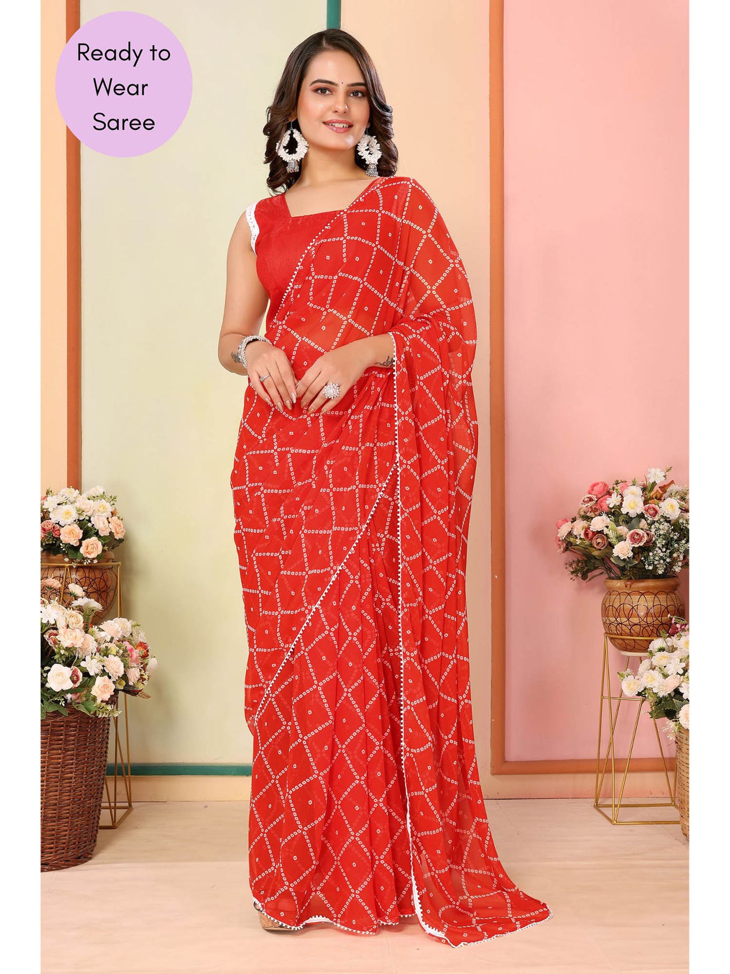 Orange Printed Ready-to-Wear Saree with white line 414