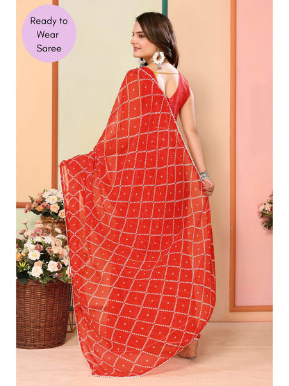 Orange Printed Ready-to-Wear Saree with white line 414