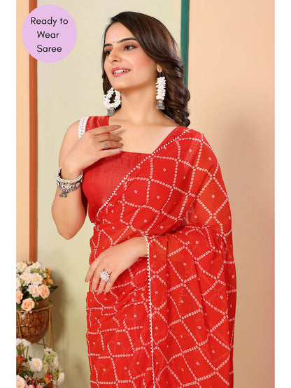 Orange Printed Ready-to-Wear Saree with white line 414