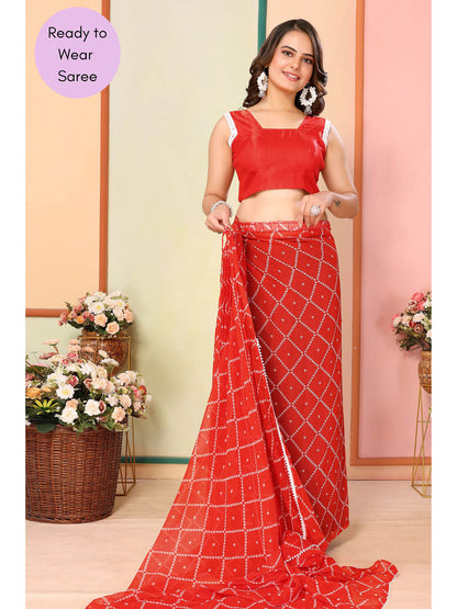 Orange Printed Ready-to-Wear Saree with white line 414